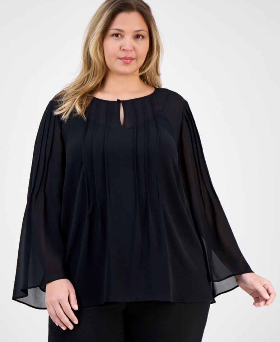 

Блузка из шифона большого размера с мелкими складками и рукавами-воланами Anne Klein, Anne Black