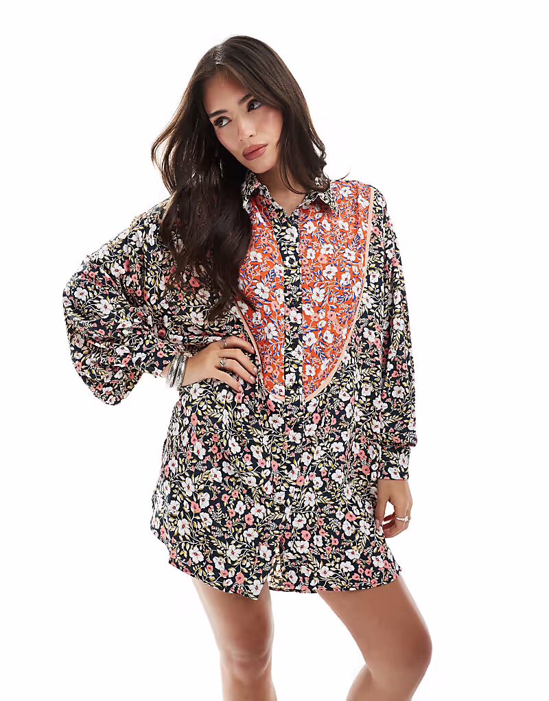 

Гламурное мини-платье-рубашка в смешанном фольклорно-цветочном стиле Glamorous