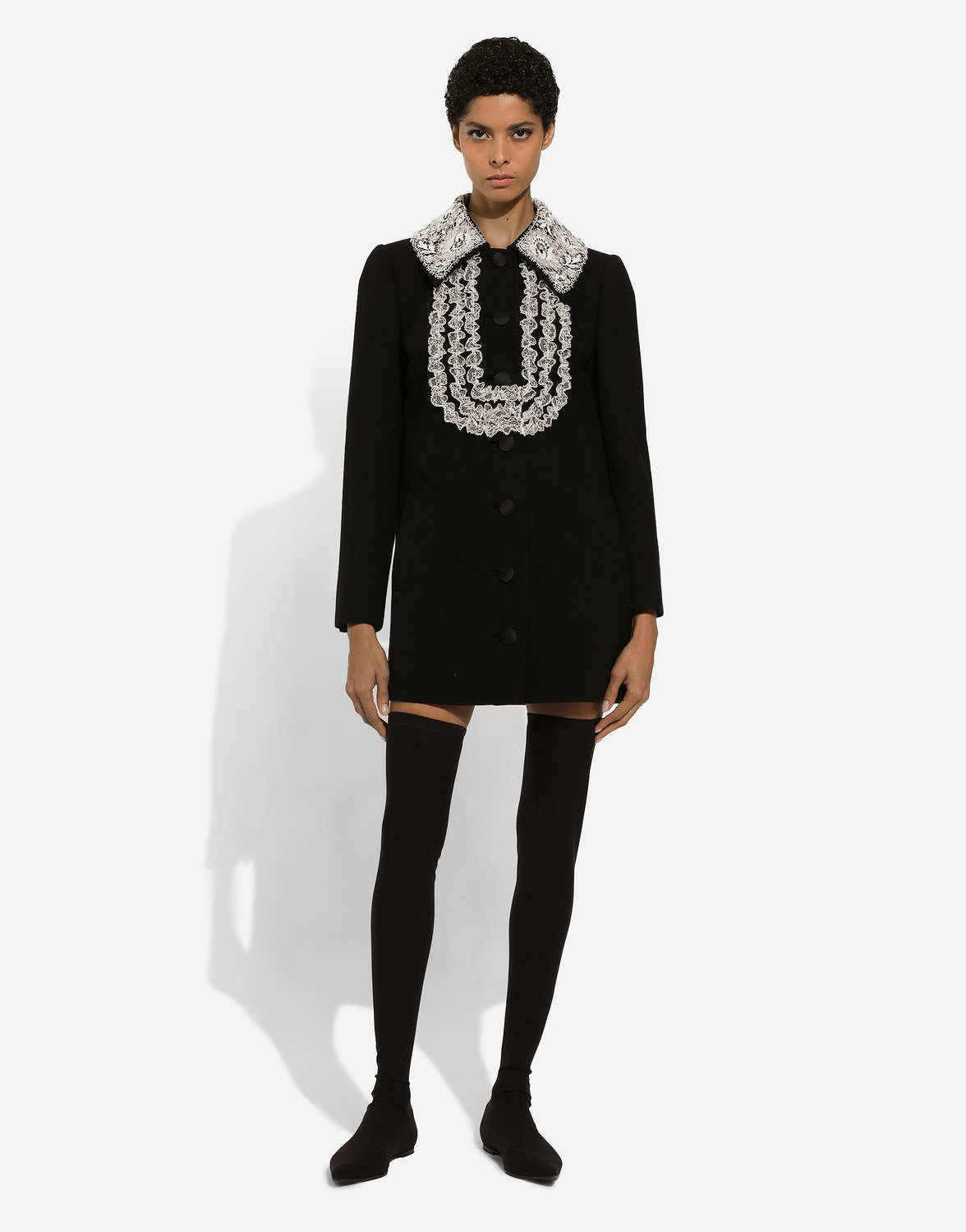 Короткое шерстяное пальто с кружевными деталями Dolce & Gabbana, черный — фото 3