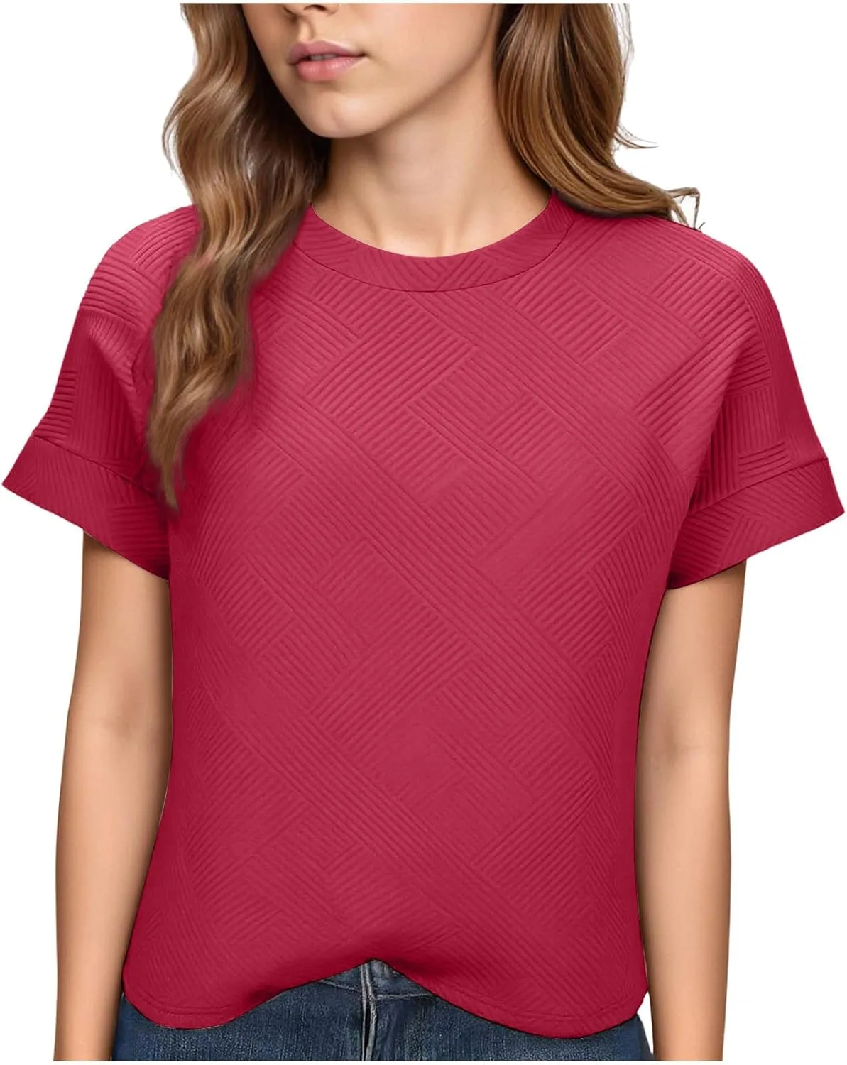 

Летние топы для женщин 2026 Texture Crewneck, свободные, однотонные Floleo