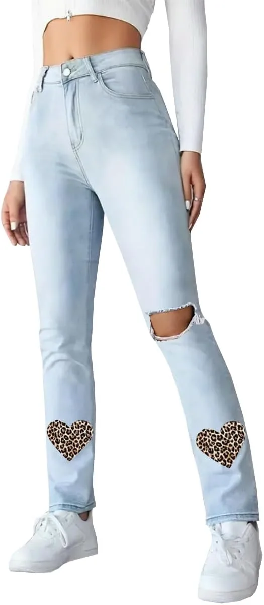 

Женские джинсы Mid Rise Skinny с леопардовым принтом и потертостями TACSTRUN