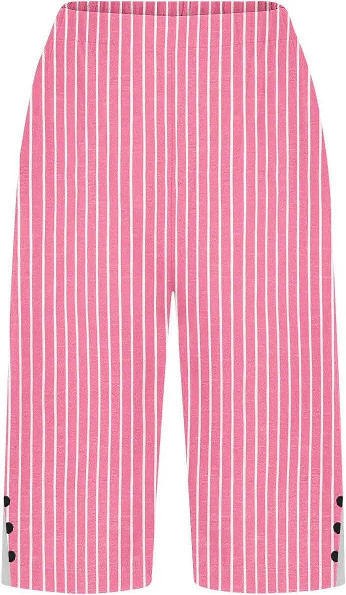 Женские капри из хлопка и льна, прямые широкие, на резинке, Watermelon Red — фото 4