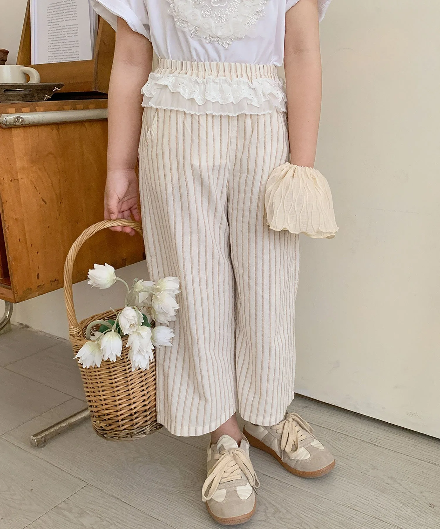 Детские полосатые широкие штаны Aimoha Kids, beige — фото 4