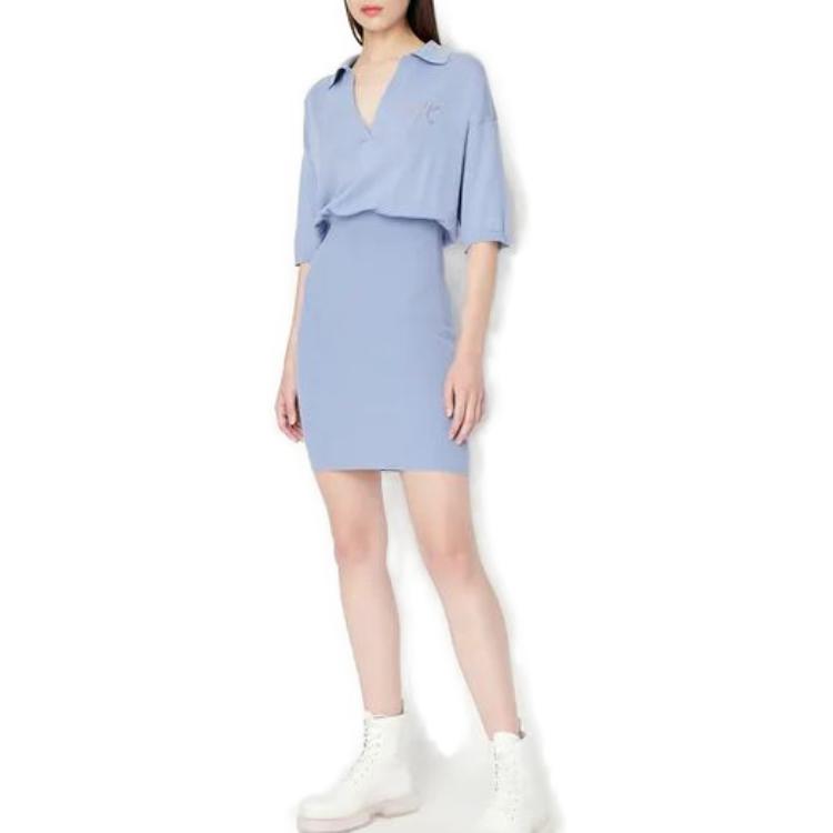 Emporio Armani Женское платье с короткими рукавами, синее, средней длины — фото 4