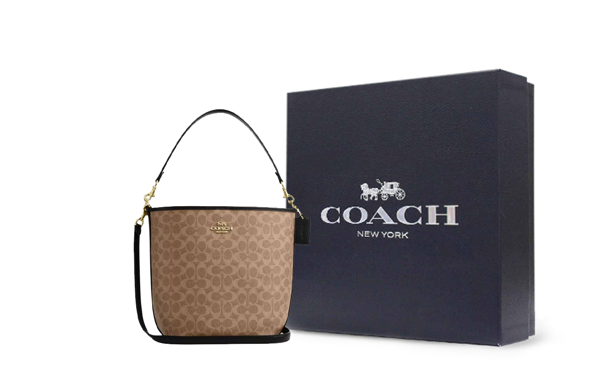 

COACH Городская подпись из прочного текстиля Сумка через плечо Маленькая женская Бежевая и черная