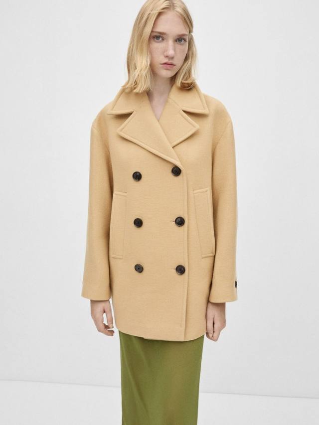 

Двубортное пальто из смеси моденской шерсти Mango, песочный