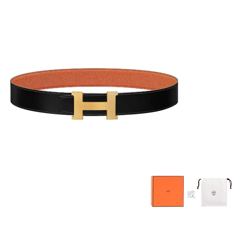 

HERMES Кожаный ремень мужской Calfskin Double-Sided, черный/оранжевый, ширина: 3.8 см