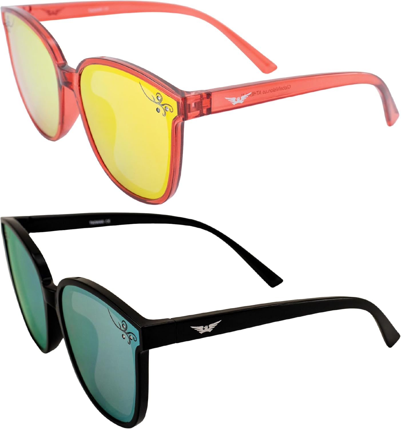 

Солнцезащитные очки Global Vision Eyewear Athena II Fashion для женщин, 2 пары: кристально-красные с красными зеркальными линзами и черные с желтыми зеркальными линзами, Red-red/Black-yellow