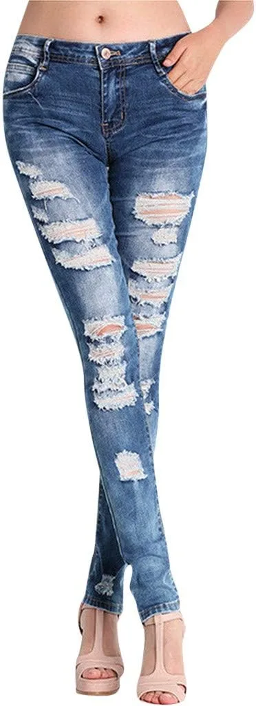 

JOFOW женские скинни джинсы рваные потертые