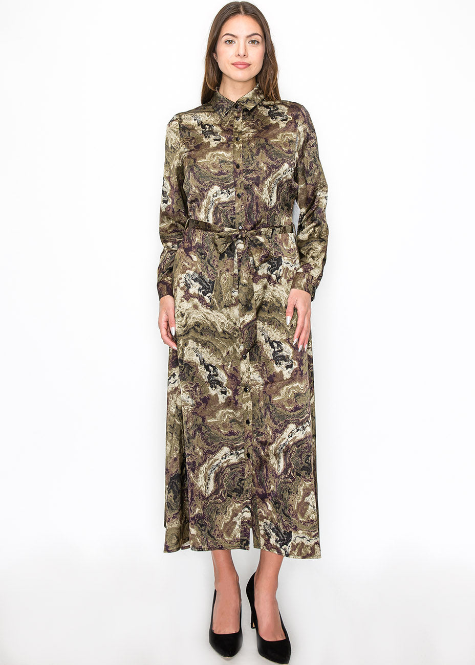 

Платье с поясом и абстрактным оливковым узором Yal New York