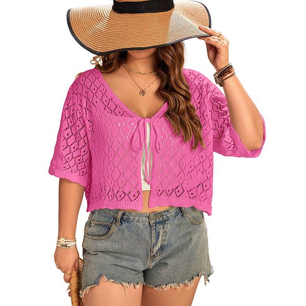 

Женский кардиган плюс сайз с короткими рукавами и завязкой спереди Yesfashion, Pink