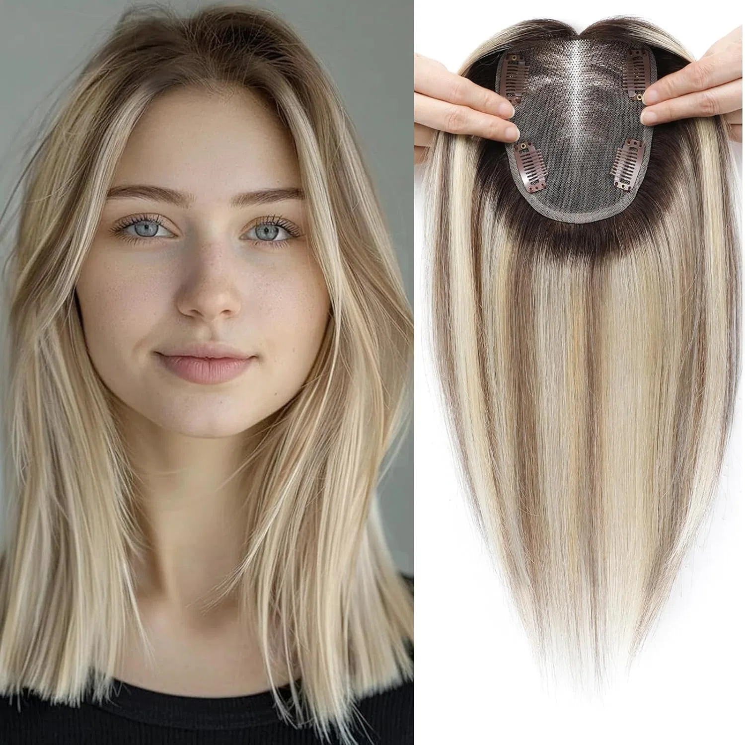 Женский накладной шиньон из натуральных волос Saro-Up, Ombré-Hellbraun Mit Blondem Highlight