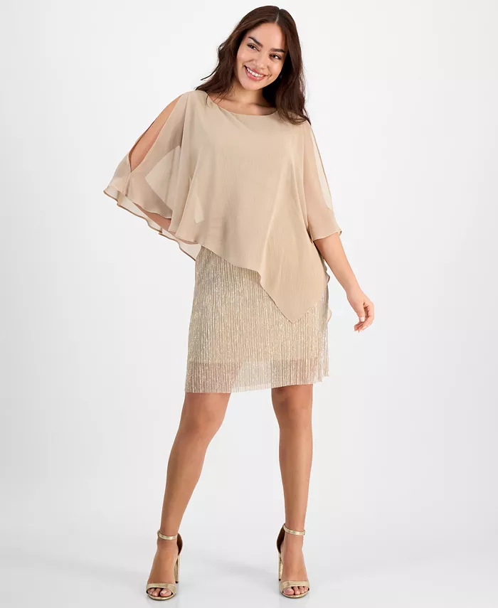 

Мини-платье трапеция с металлизированными вставками и накидкой Petite Cape-Overlay Metallic A-Line Dress Connected, золотой