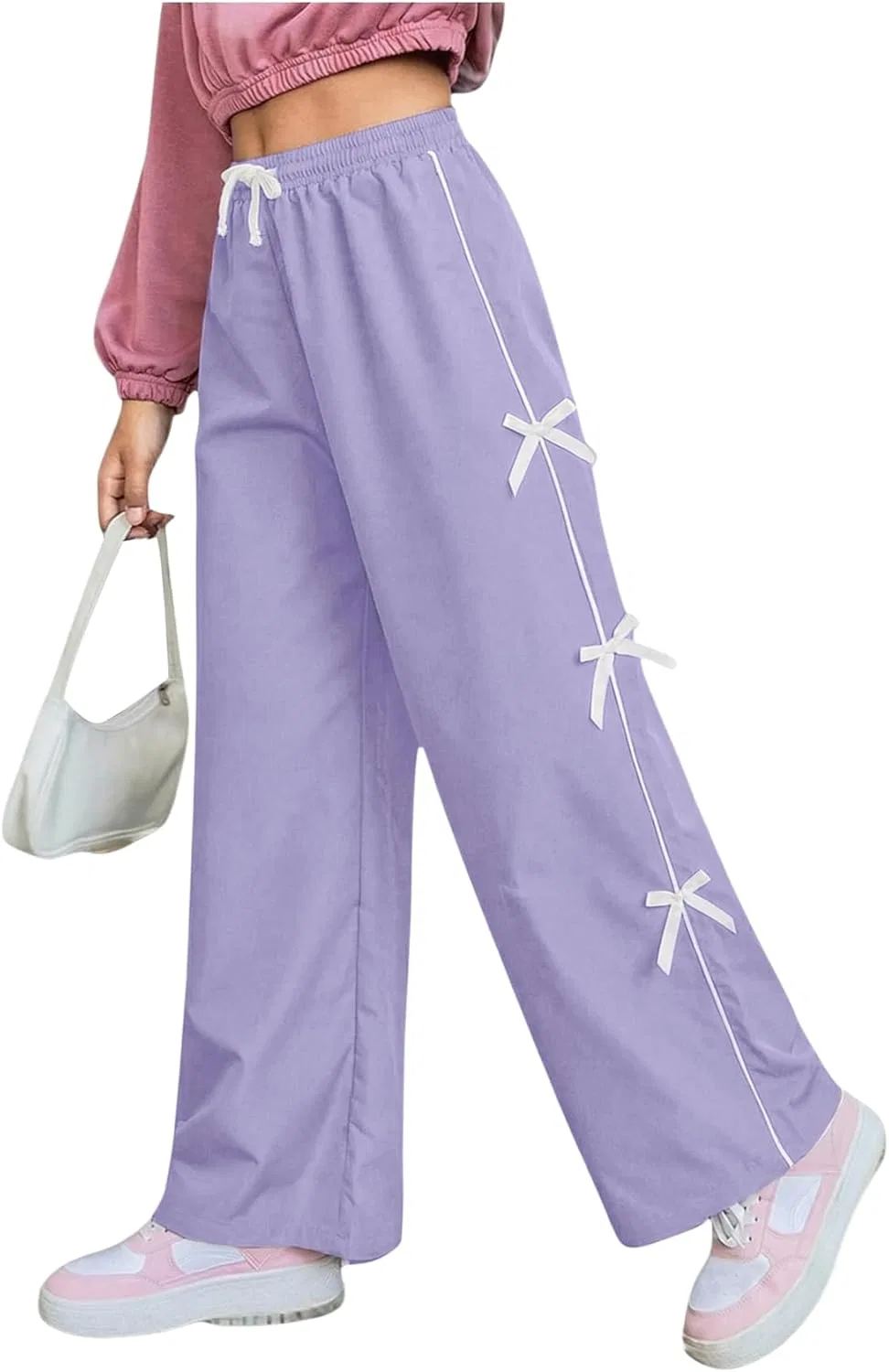 Детские спортивные брюки WDIRARA с бантом на талии и широкими штанинами, Mauve Purple