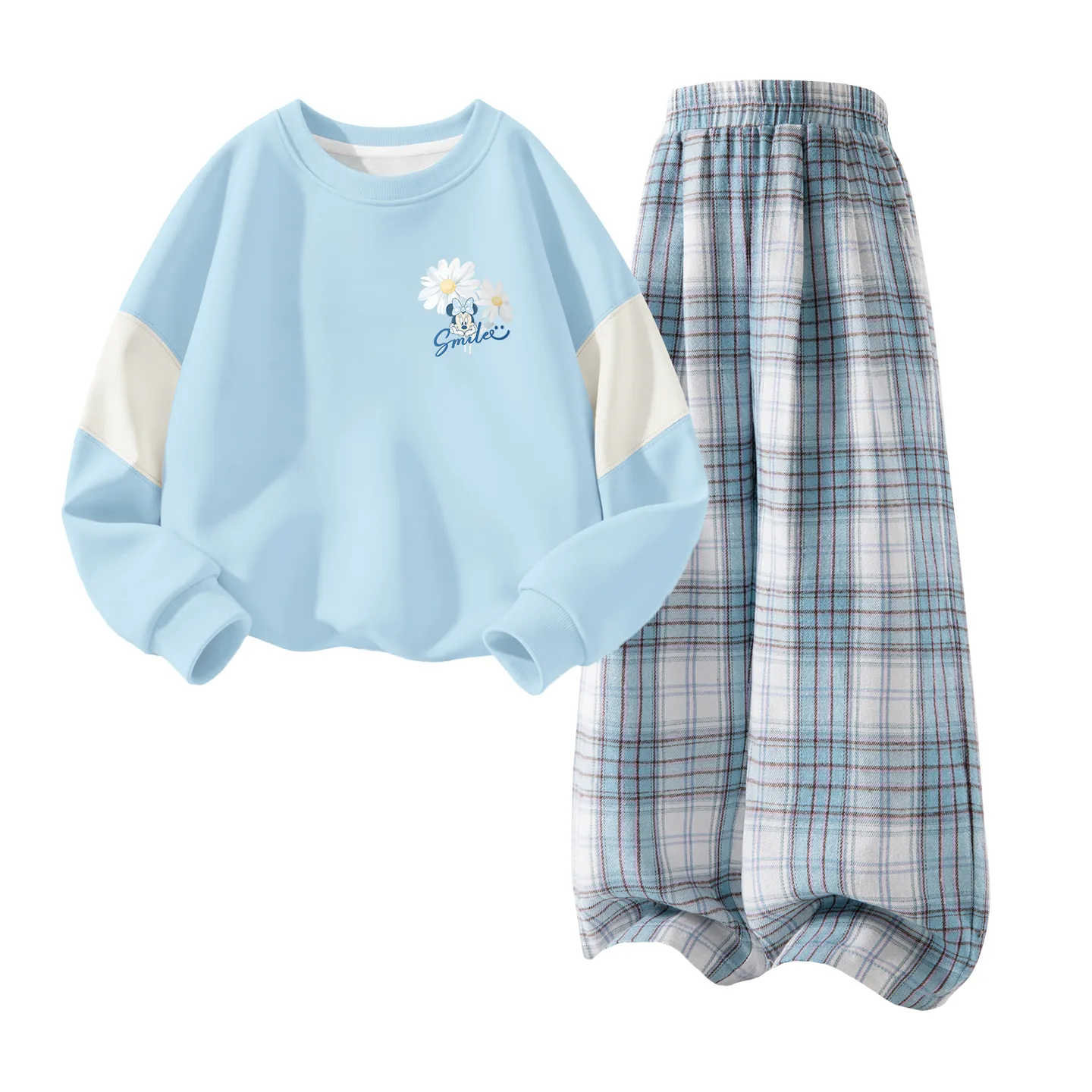 Детская повседневная спортивная футболка с круглым вырезом Disney, Dewy Flower K Pudding Blue+Solid Color White Cloud Blue