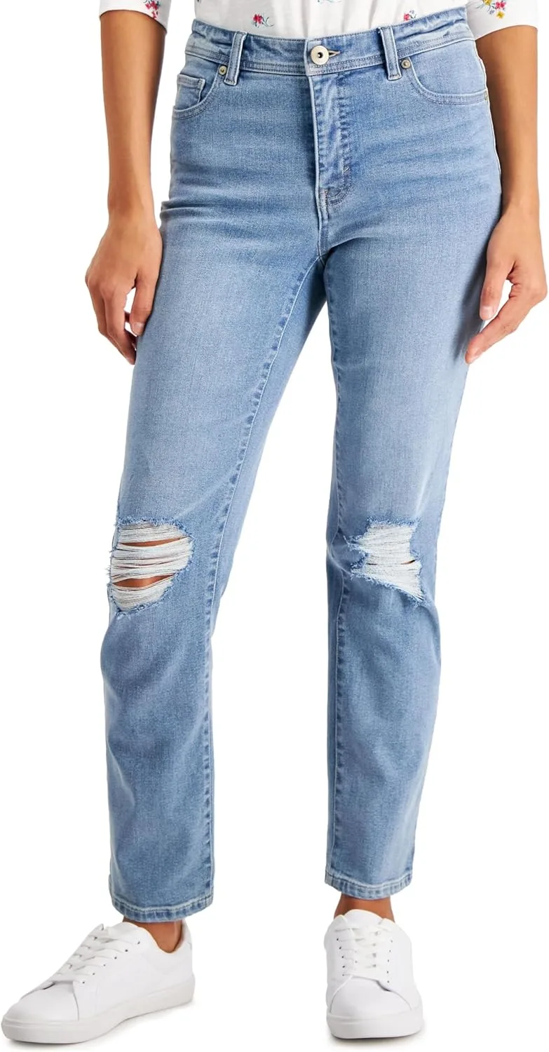 

Style & Co. Petite Mid Rise Natural Ripped Straight Leg Jeans