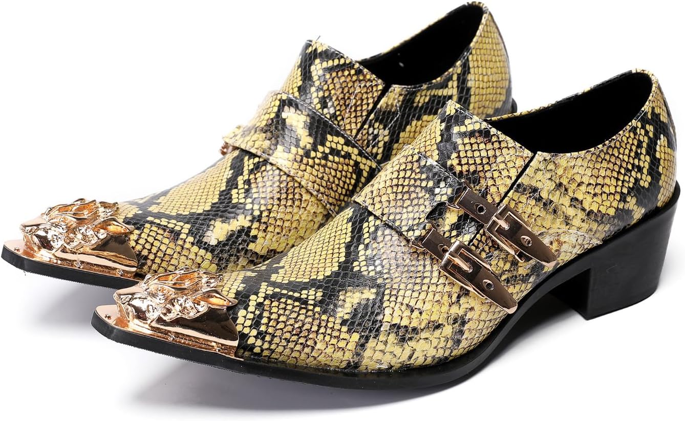 

Мужские слипоны Santimon - повседневные и вечерние лоферы из натуральной кожи с рептилией, монаховые мокасины с металлическим носком для бара, диско, вечеринок и бального зала, желтый