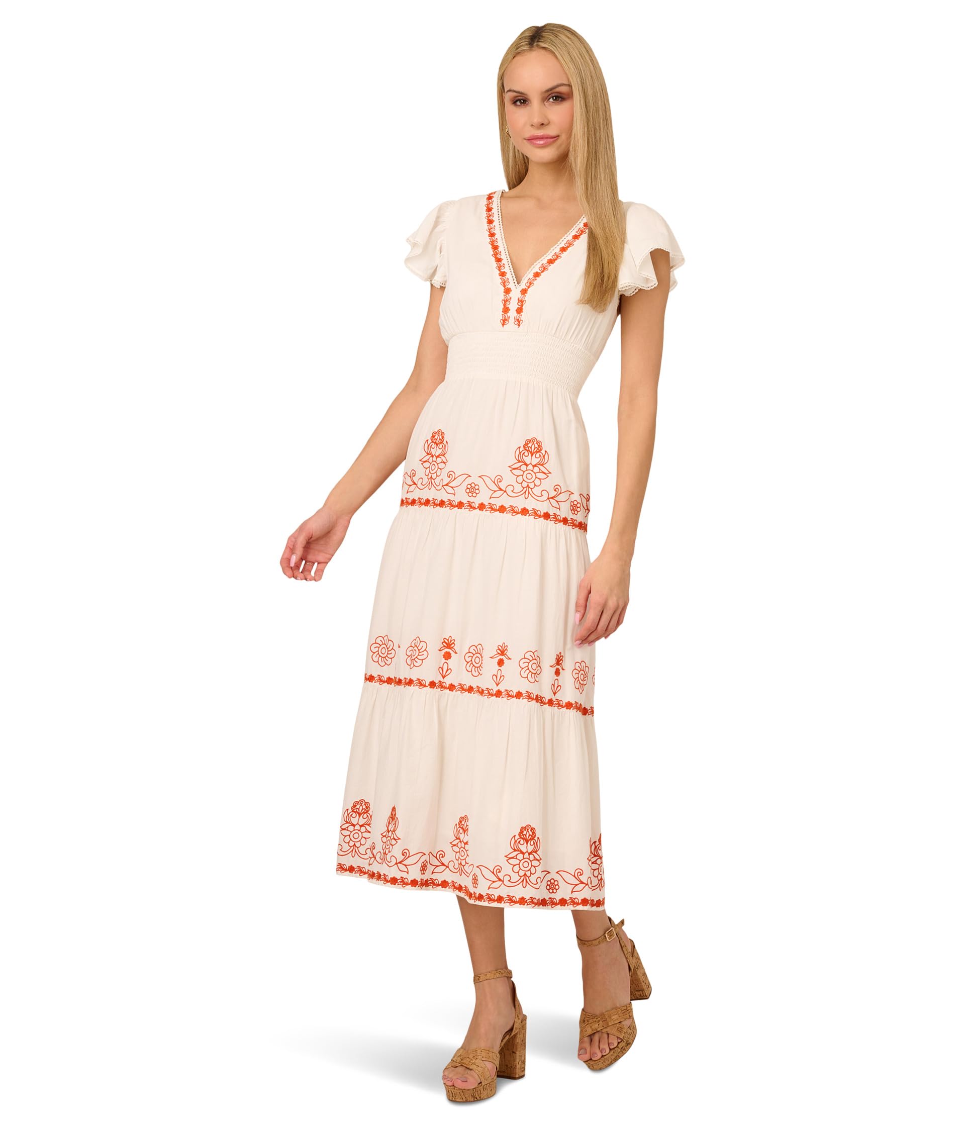 

Платье Adrianna Papell Smocked Waist Long Dress, Ivory/Red Multi