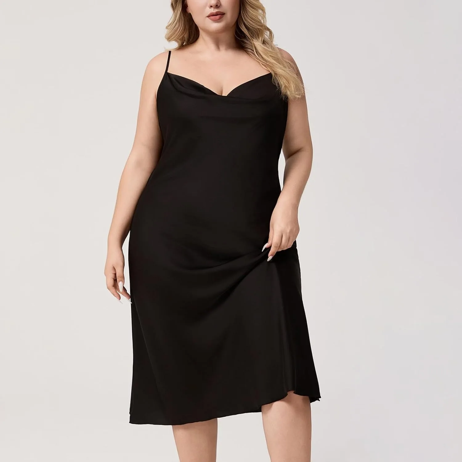 Женская атласная ночная рубашка, сексуальное нижнее белье, одежда для сна, бретельки-спагетти, воротник-хомут, элегантное длинное платье-комбинация из атласа и шелка миди Generic, черный — фото 3