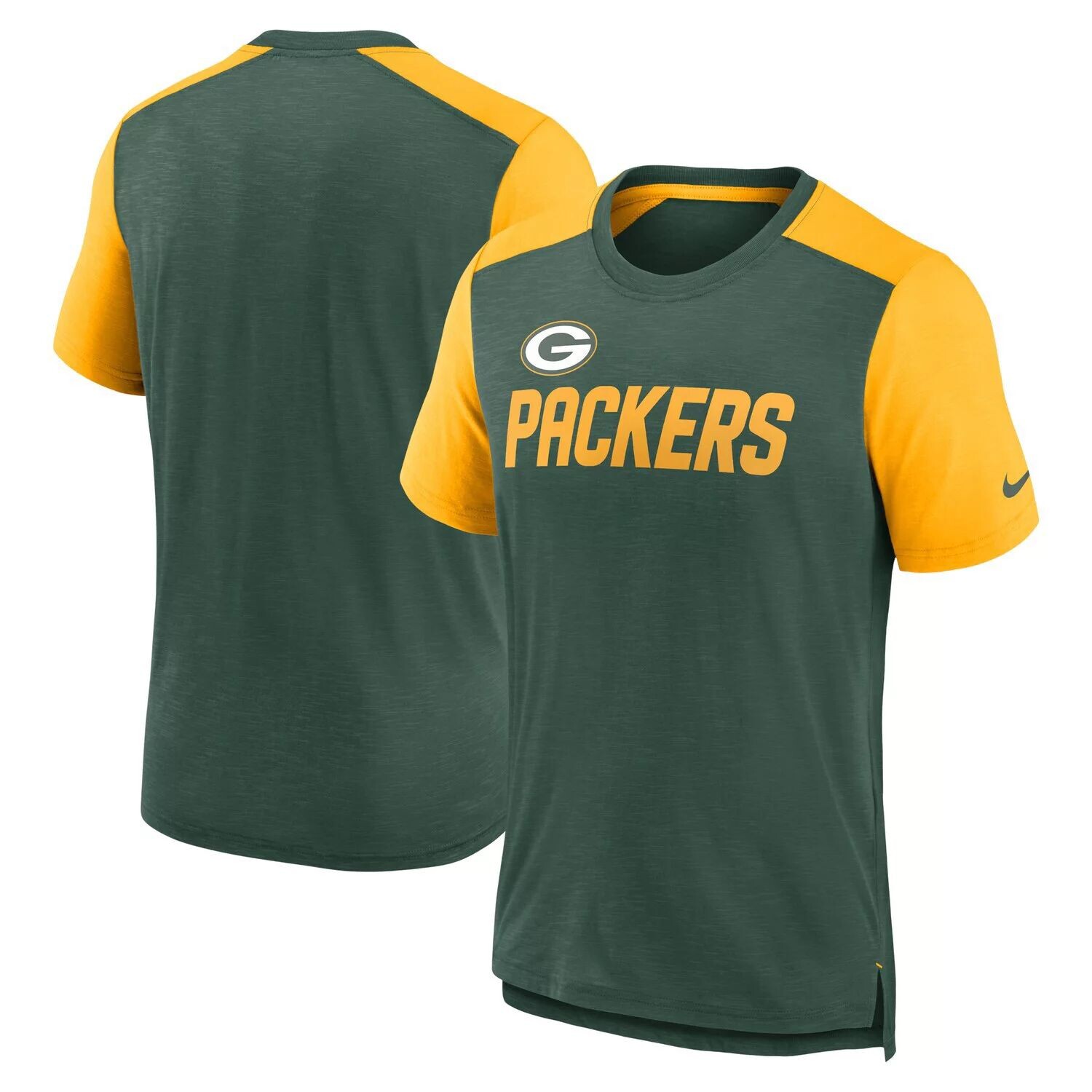 Мужская зеленая/золотая футболка Green Bay Packers с цветными блоками и названием команды Nike — фото 4