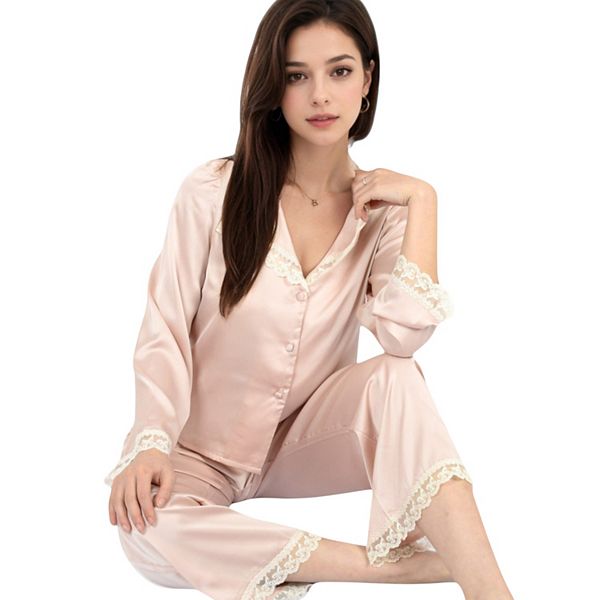 

Женский пижамный комплект из сатина с кружевной отделкой и топом на пуговицах с длинным рукавом Anna-Kaci