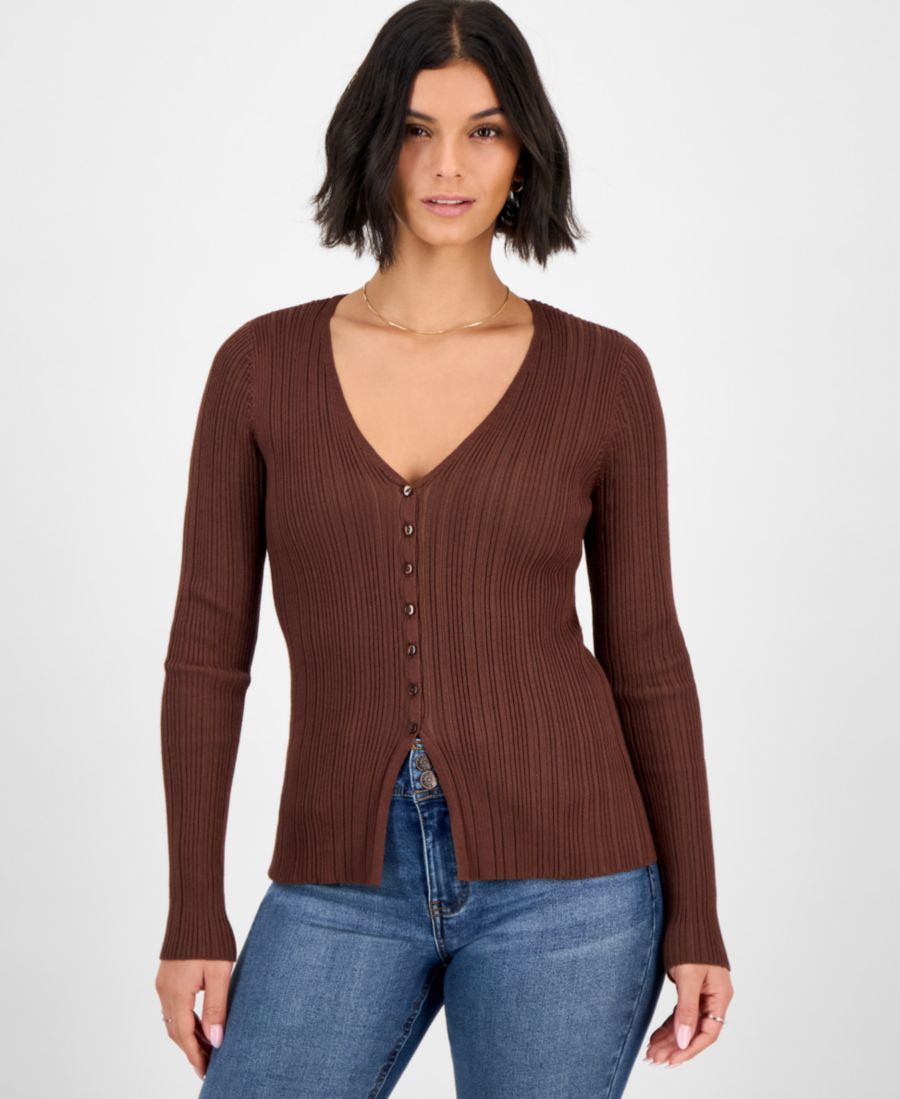 

Детский свитер с V-образным вырезом, ребристой текстурой, тонкой вязки, свободного кроя Ultra Flirt, Shaved Chocolate