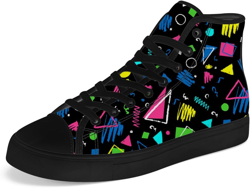 

Высокие кеды из холщовой ткани в стиле 80-х для мужчин и женщин, ретро-геометрические высокие кроссовки, шнуровка, повседневная обувь, подарок для парня или девушки Chebing, черный