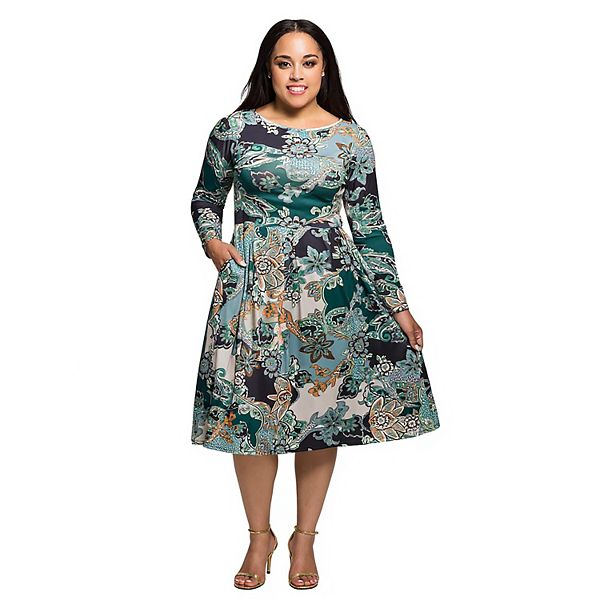 

Платье миди с длинным рукавом и цветочным принтом Plus size 24Seven Comfort Apparel, Green Multi