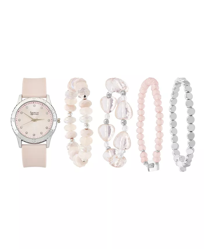 

Женские матовые часы с аналоговым циферблатом 38 мм на светло-розовом силиконовом ремешке и набором браслетов в подарок American Exchange