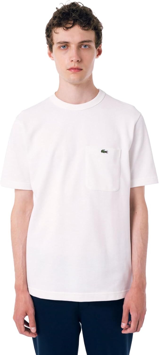 

Мужская хлопковая трикотажная футболка Lacoste с коротким рукавом и карманом, белый