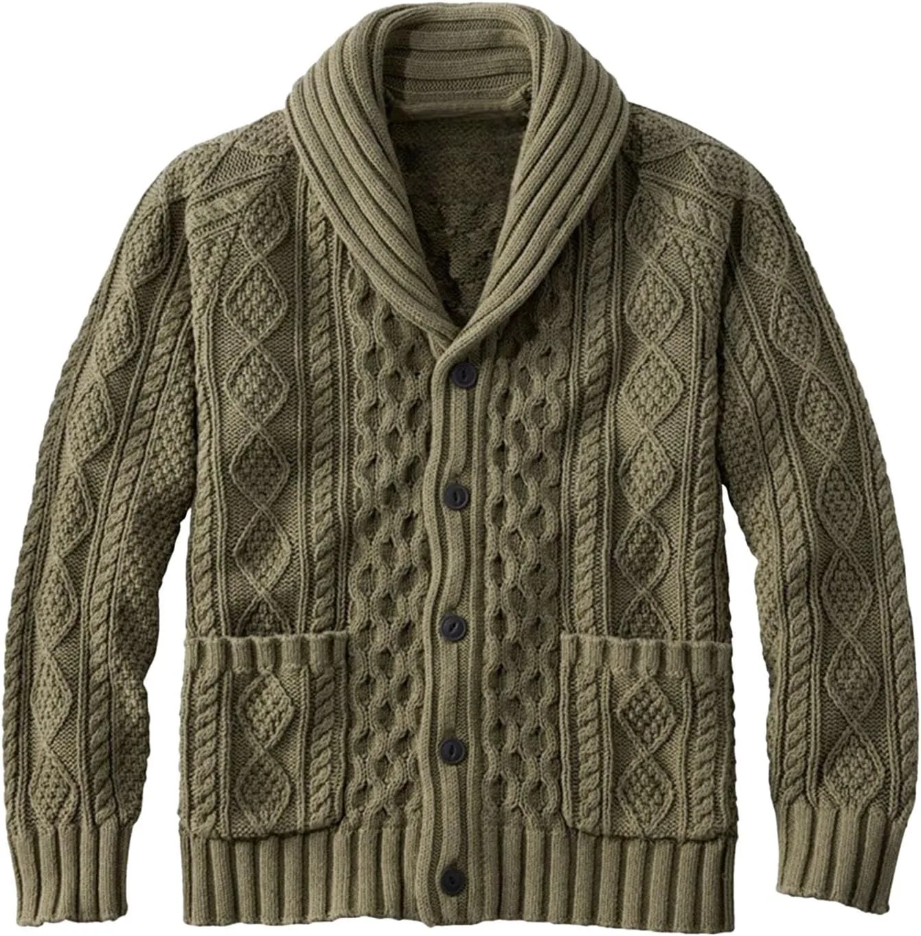 

Мужской зимний кардиган с воротником-шалью и кабельной вязкой