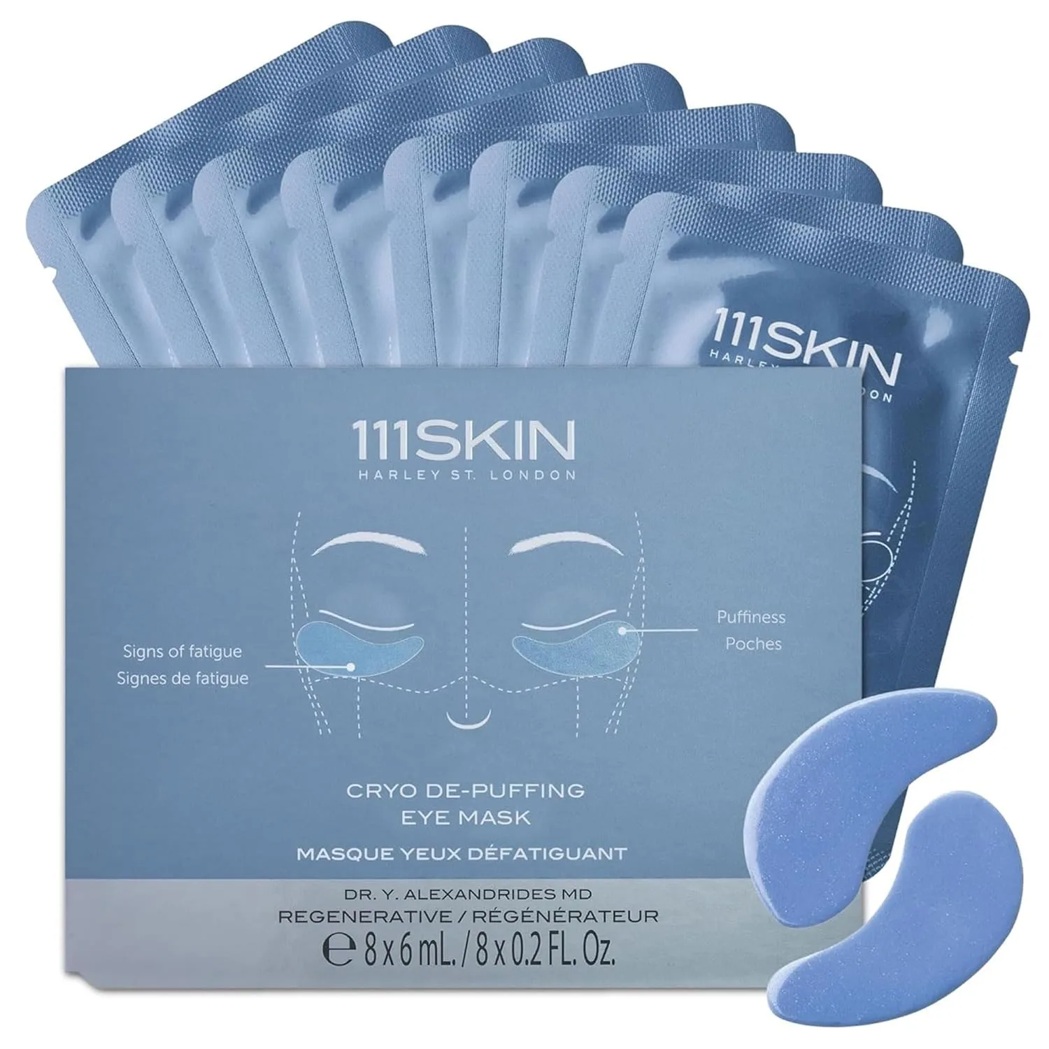 111SKIN Cryo De-Puffing Eye Mask, увлажняющие патчи для области под глазами против отеков и темных кругов с экстрактом водорослей, витамином E и пептидным комплексом, 8 пар, Blue 8 шт. (1 шт.), Blue