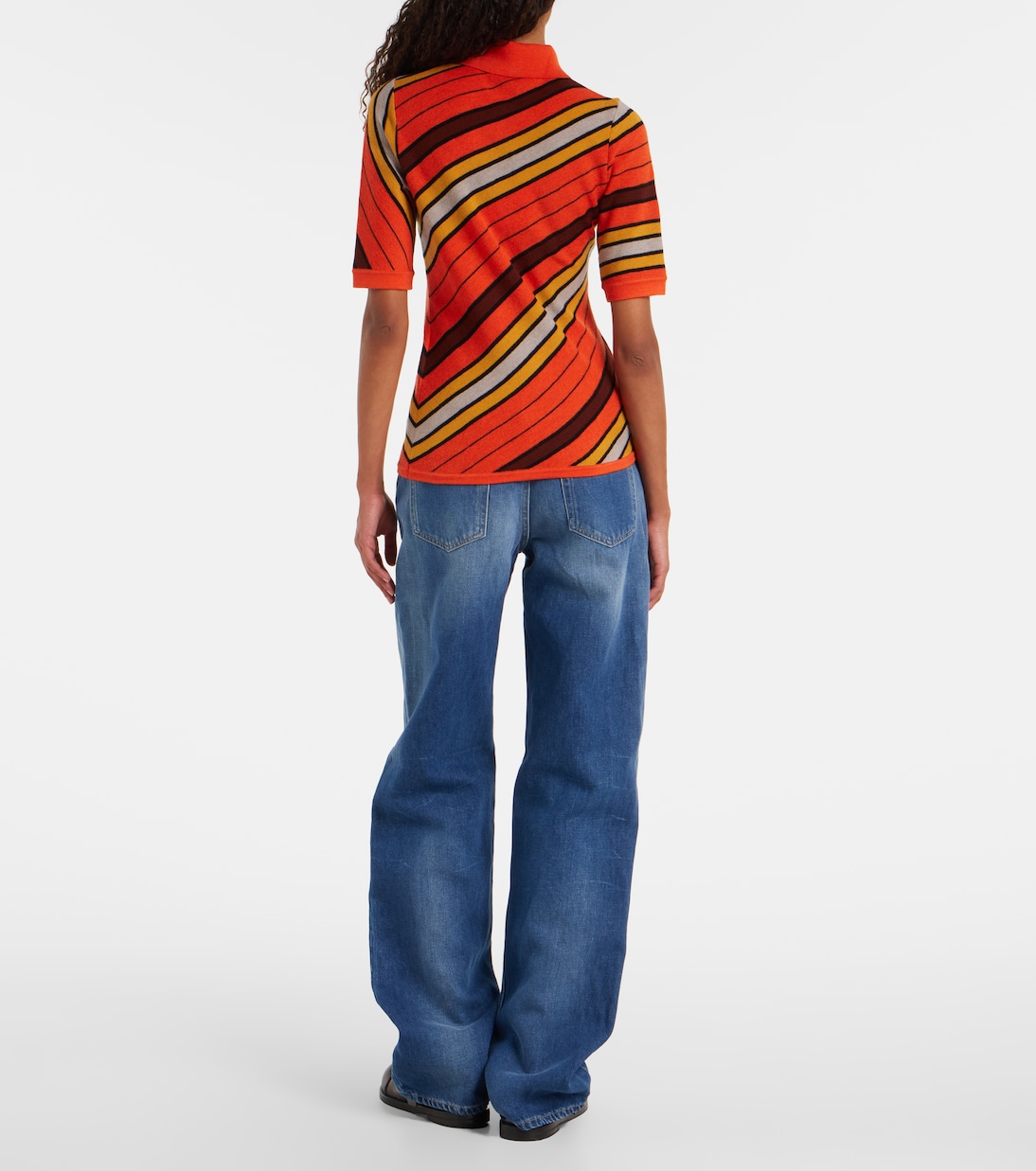 Рубашка-поло из шерстяной ткани в полоску с ребристым узором Acne Studios, Multi Orange — фото 3