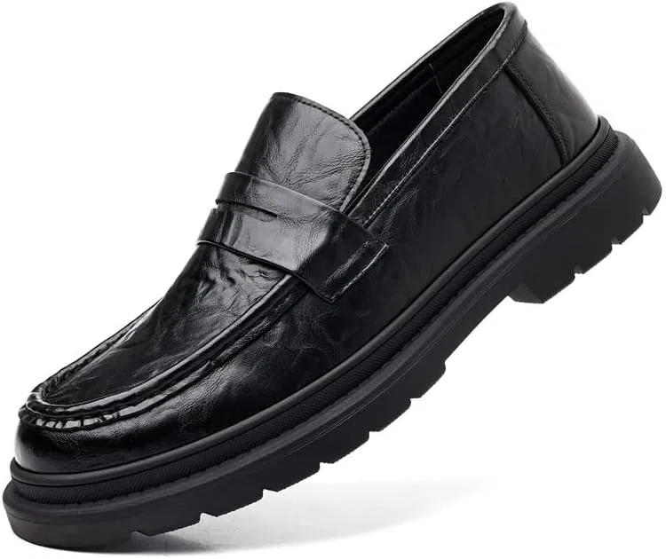 Лоферы кожаные с текстурой, Men’s Fall Business Casual Slip-on Shoes Trendy Leather Loafers, Black SDKOLPBNMZX — фото 2