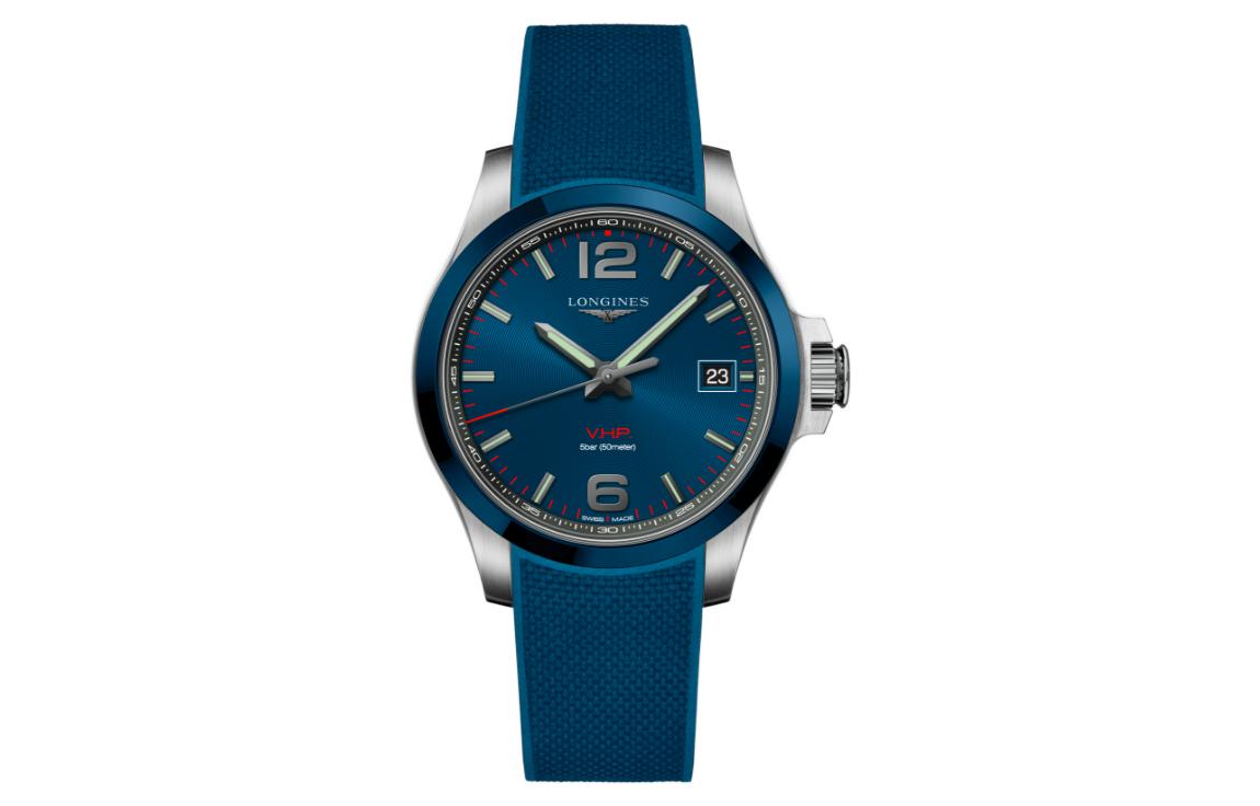 

LONGINES Часы Comcast V.H.P Series Quartz Movement Men's Watch 41mm Black Dial Stainless Steel Case Rubber Strap, Blue Dial