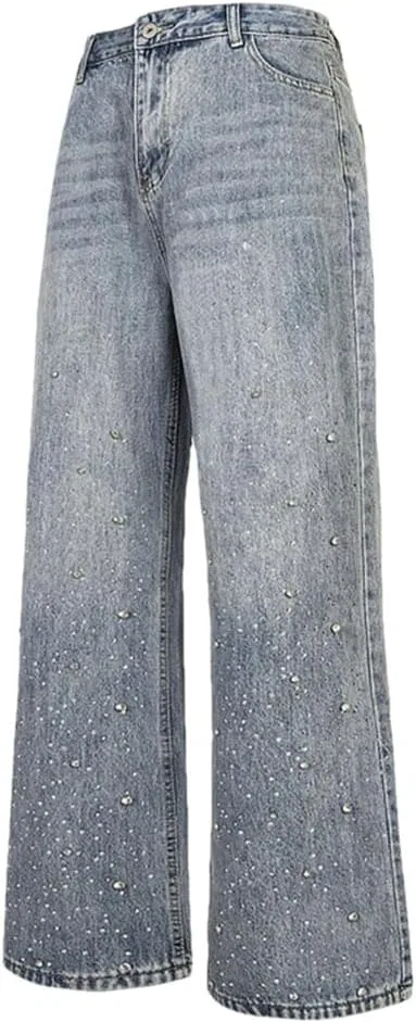 Джинсы прямые с вышивкой Rhinestone, синий
