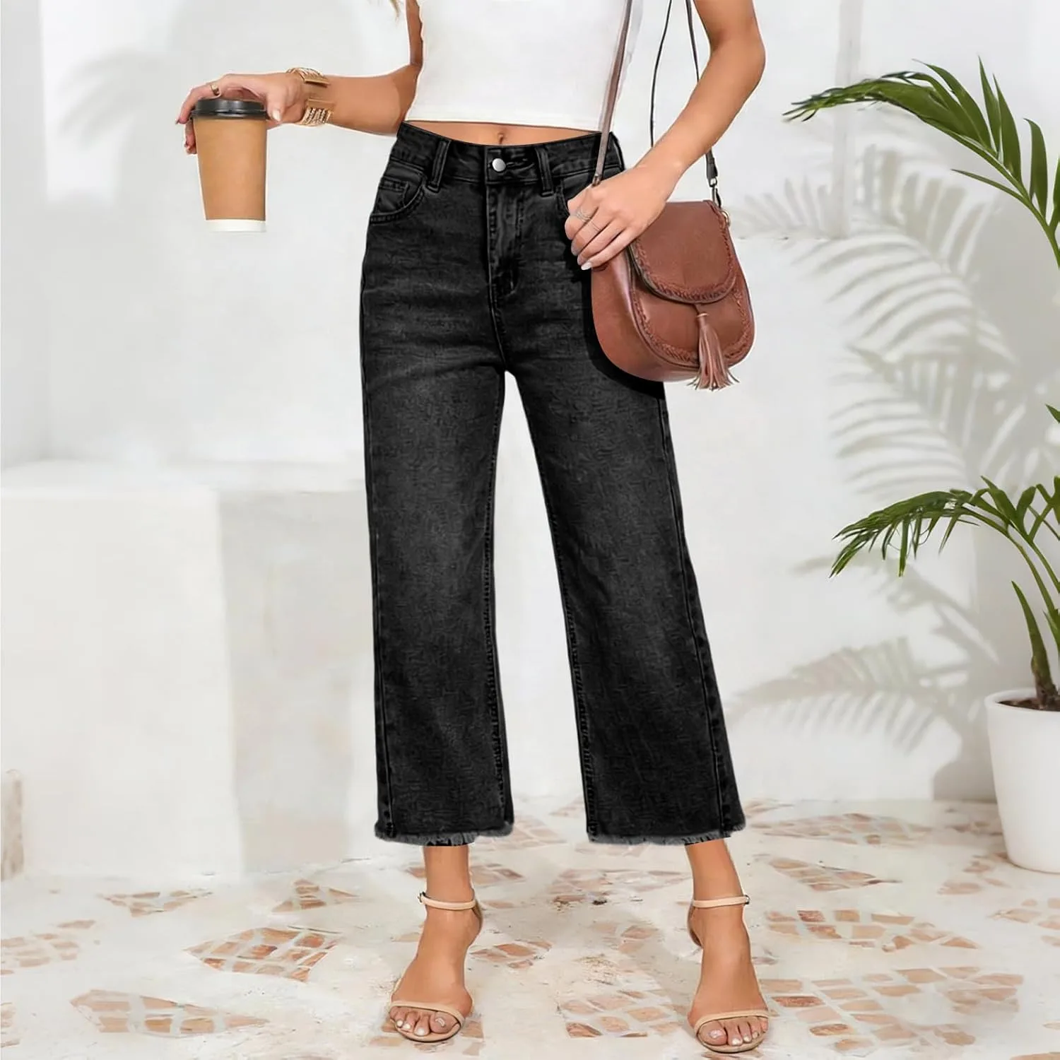 Женские укороченные джинсы High Waisted Straight Leg Capri с карманами — фото 3