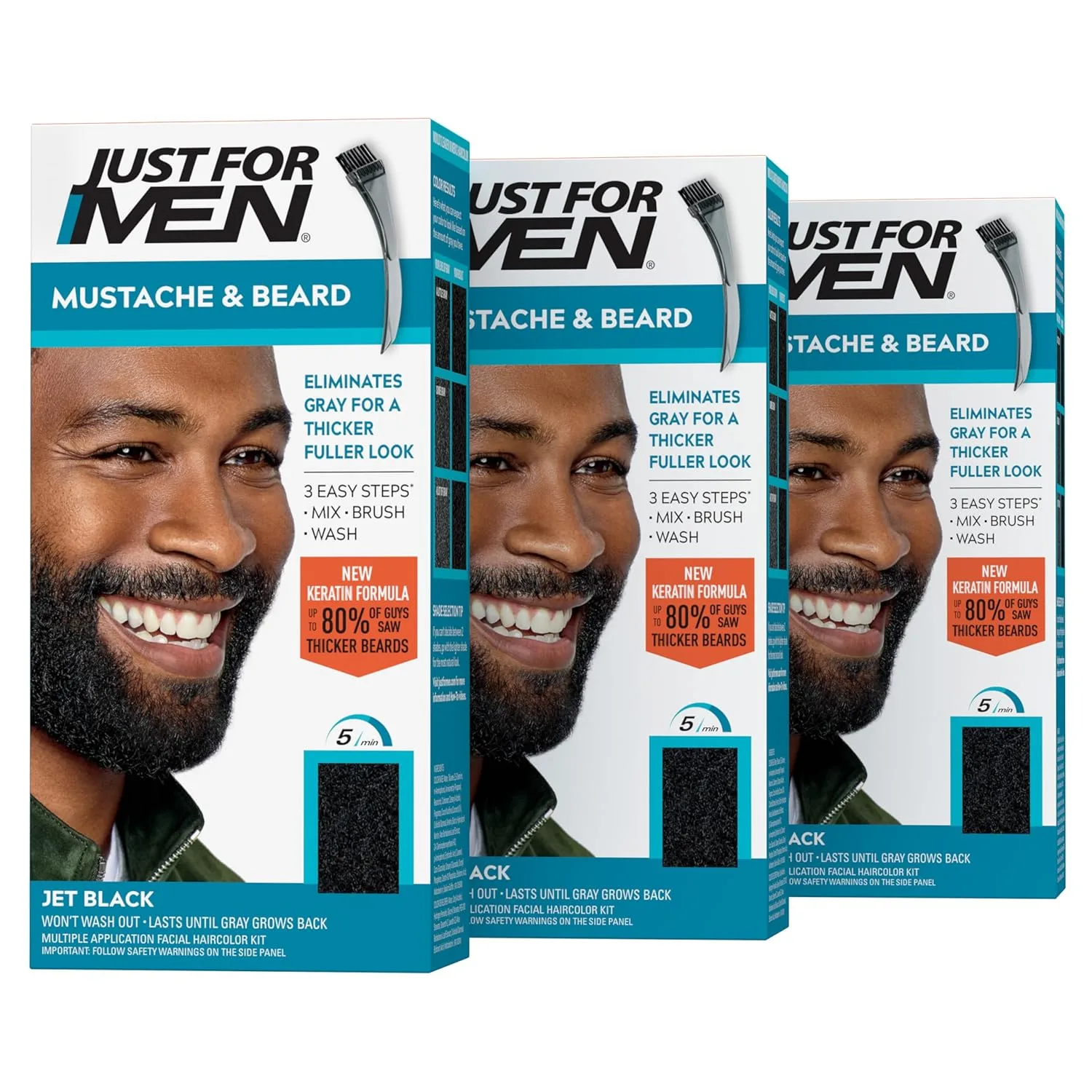 Just For Men Mustache & Beard, окрашивание бороды для седых волос с кистью, с кератином, биотином, алоэ и кокосовым маслом для здоровой растительности - Jet Black, M-60, набор 3 шт 1 шт. (3 шт.), Jet Black M-60