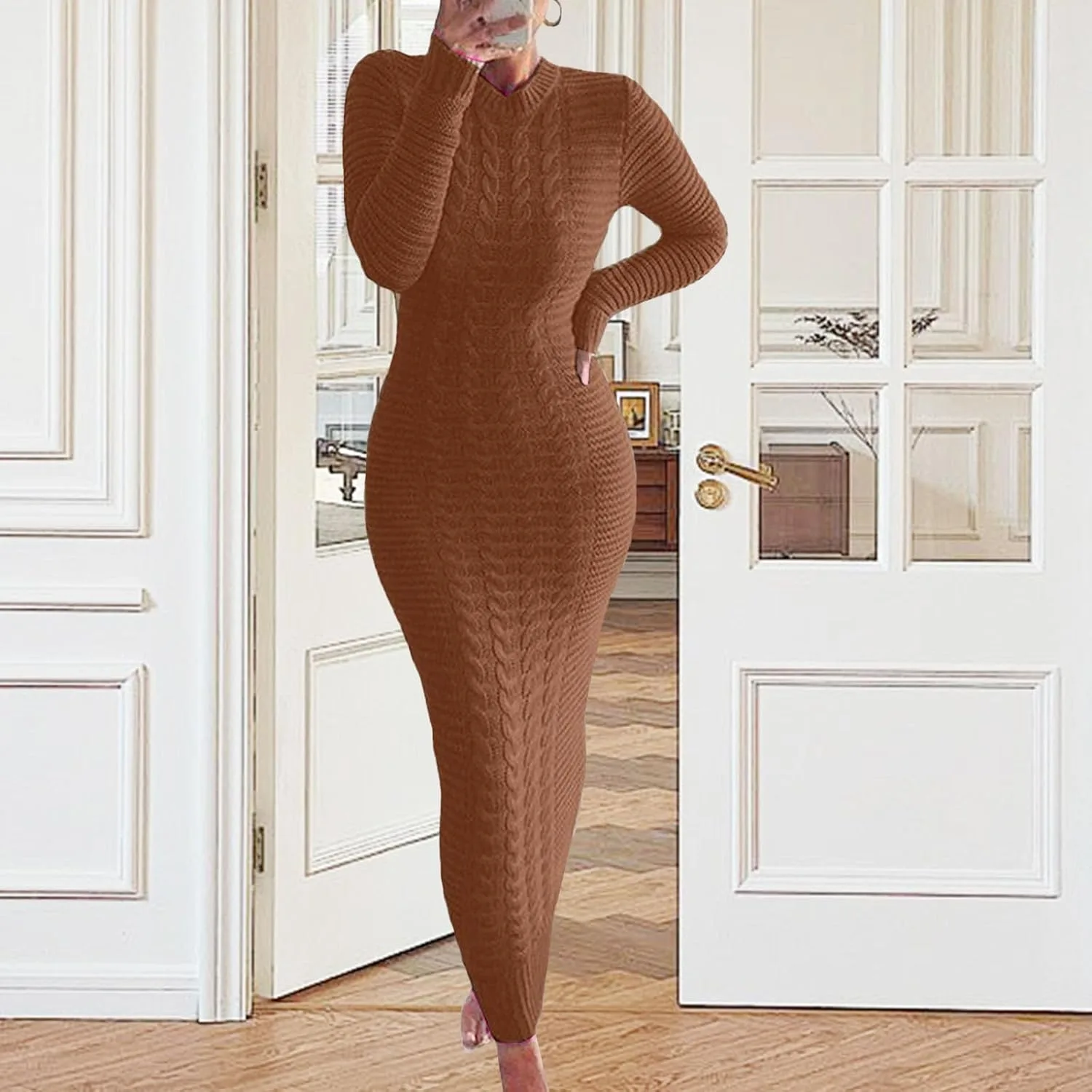 Платье-свитер для женщин Bodycon с длинным рукавом, вязаное резинкой, макси, приталенное Generic, коричневый — фото 2