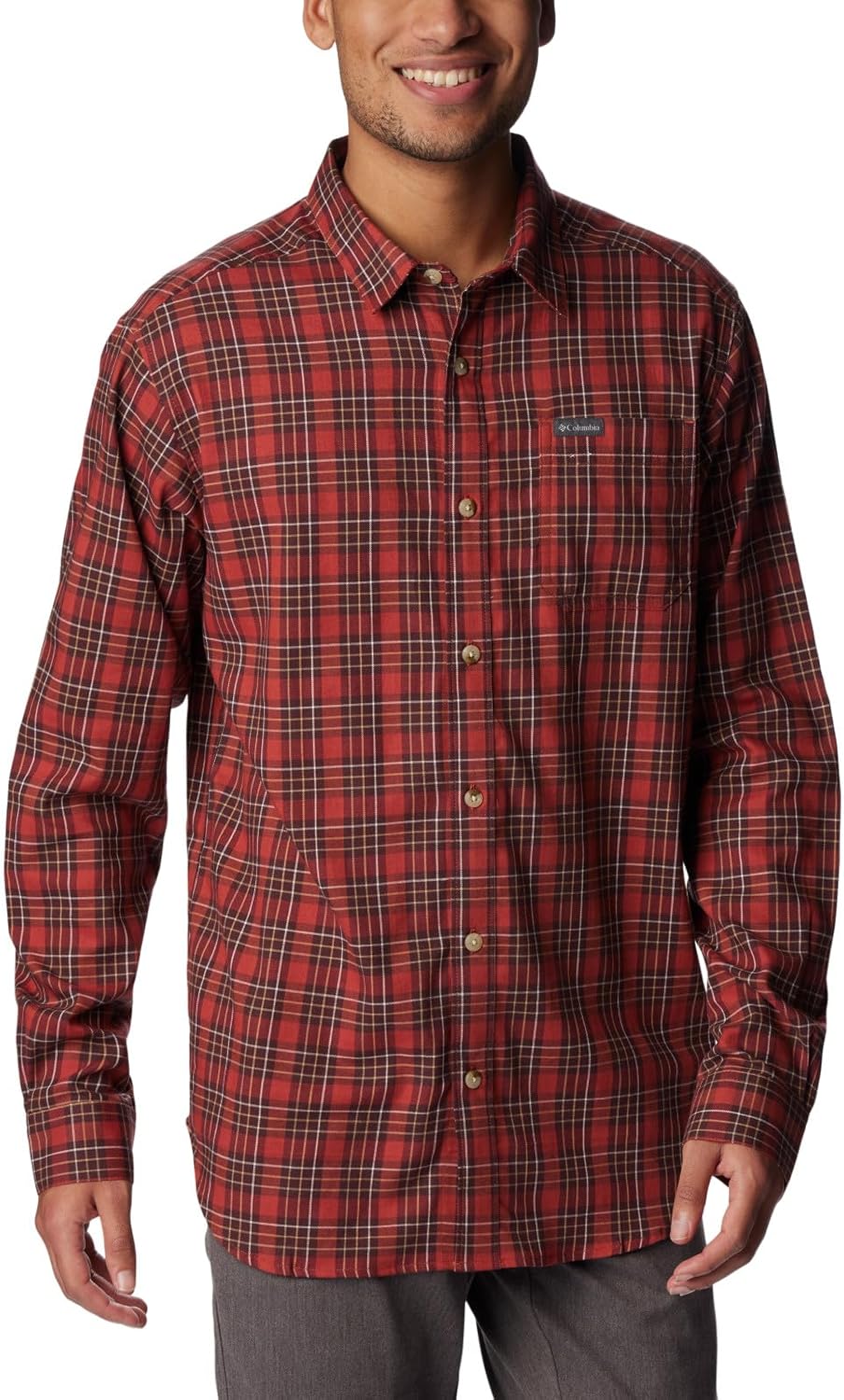 

Рубашка Columbia Mens Vapor Ridge III с длинным рукавом, походная рубашка, Warp Red Plaid Gradient