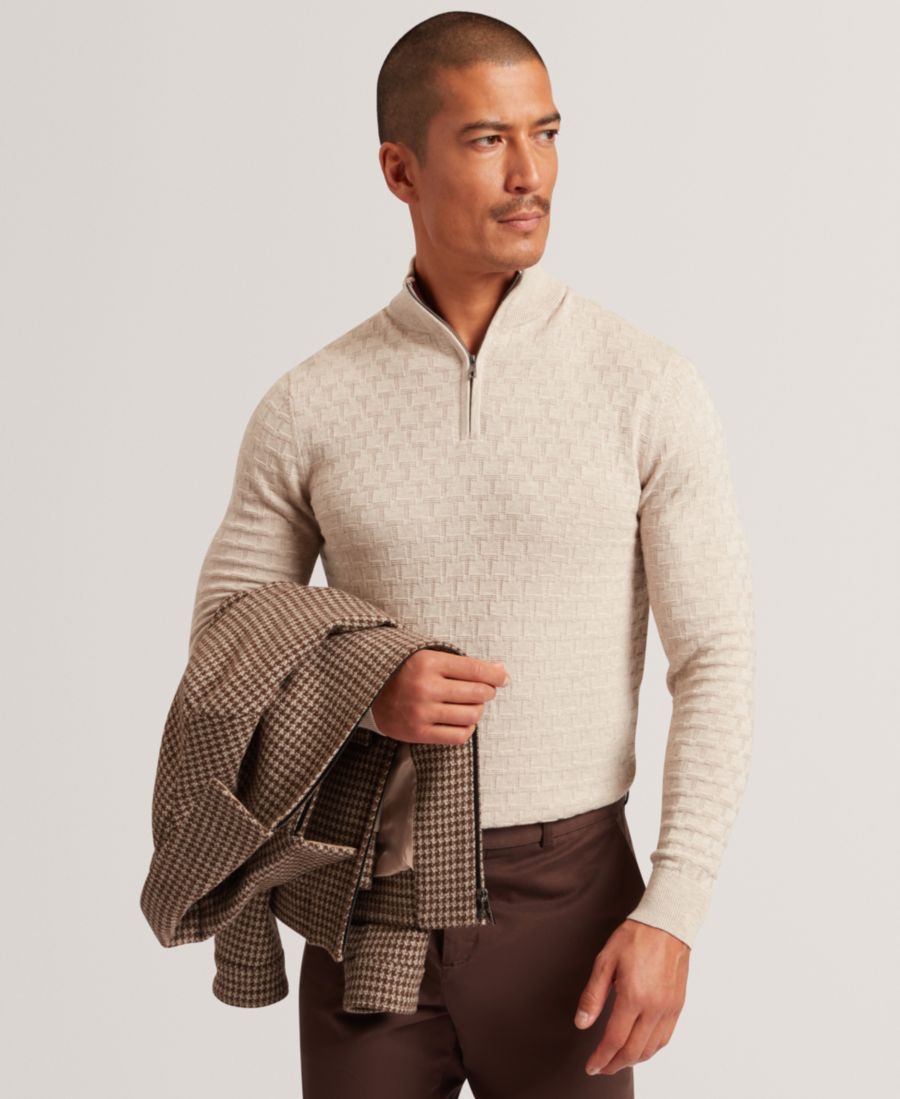 

Мужской свитер с длинными рукавами и половинной молнией Jeremee T Stitch Ted Baker, Natural