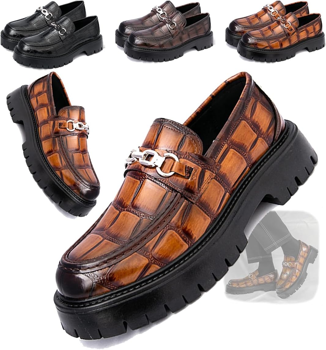 

Мужские лоферы на платформе с цепочкой из лакированной кожи, модный круглый носок, классические туфли, удобная противоскользящая платформа, идеально подходят для деловых встреч, официальных мероприятий, выпускных и повседневной носки Generic, ко...