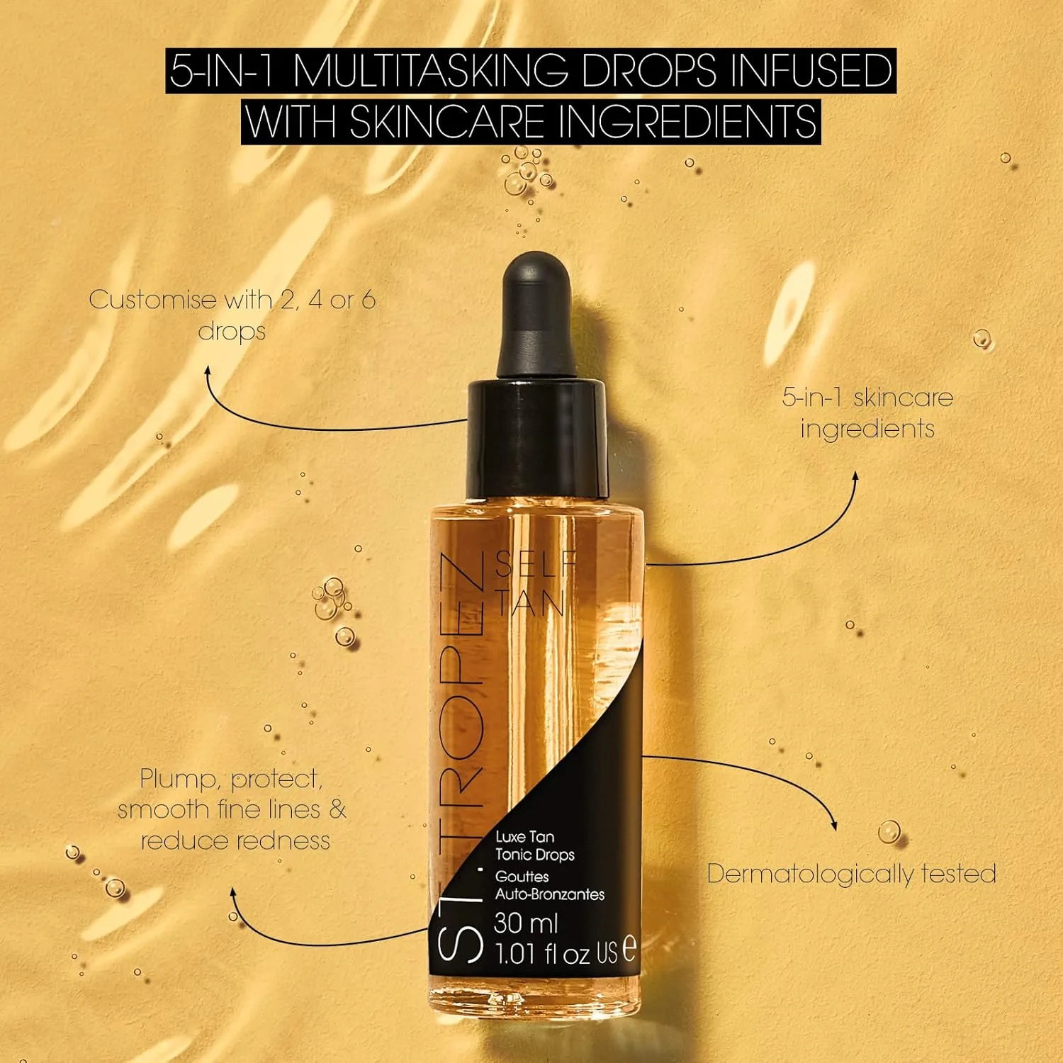 Капли для автозагара St.Tropez Luxe Tan Tonic Glow Drops, 5-в-1, ниацинамид, гиалуроновая кислота, витамины C и E, веганский продукт, натуральный состав, не тестируется на животных, 30 мл. 29,6 мл (1 шт.), St. Tropez — фото 2