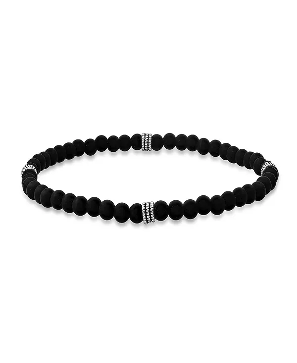

Мужской эластичный браслет из стерлингового серебра и бусин из черной лавы Steeltime, black