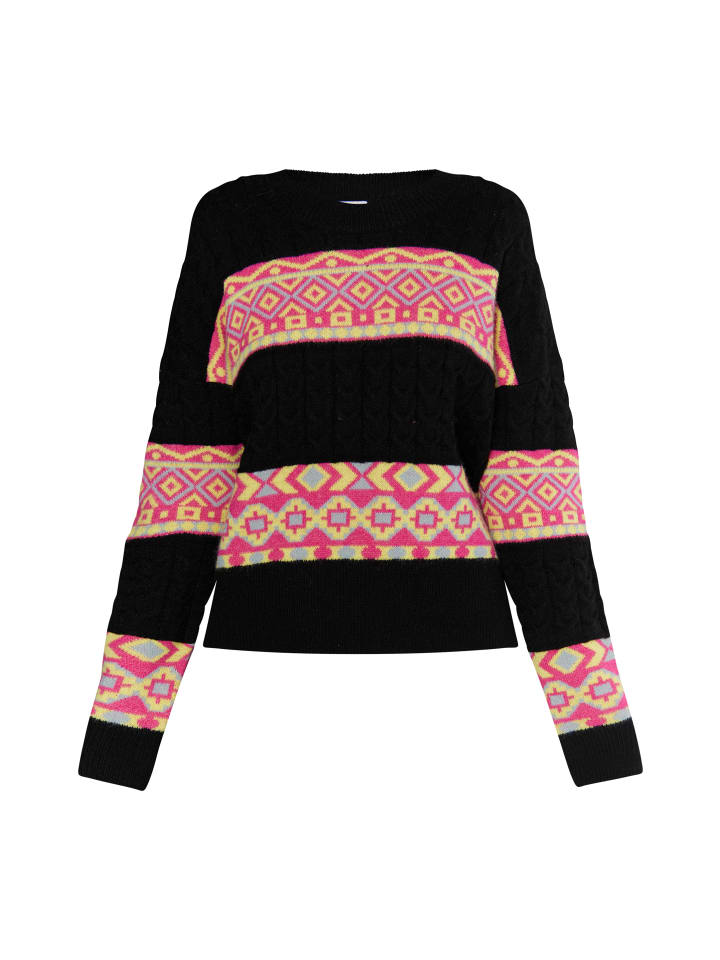 

Женский свитер черного цвета с разноцветными вставками IZIA