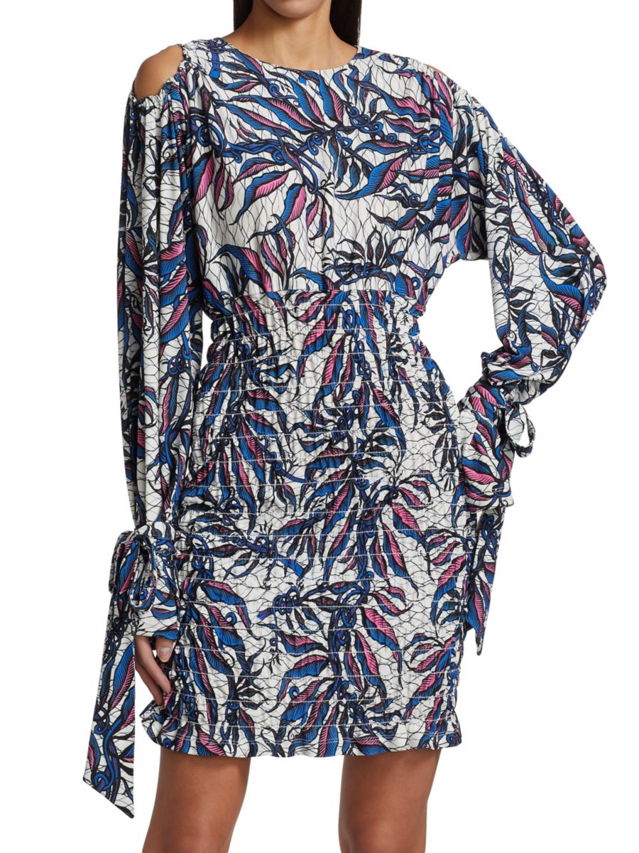 

Мини-платье с принтом листьев и сборками Claude Kameni, синий мульти