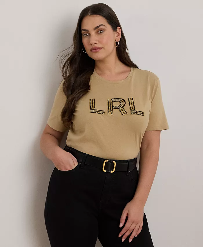 

Футболка из хлопкового джерси с логотипом из бисера больших размеров Lauren Ralph Lauren, коричневый/бежевый