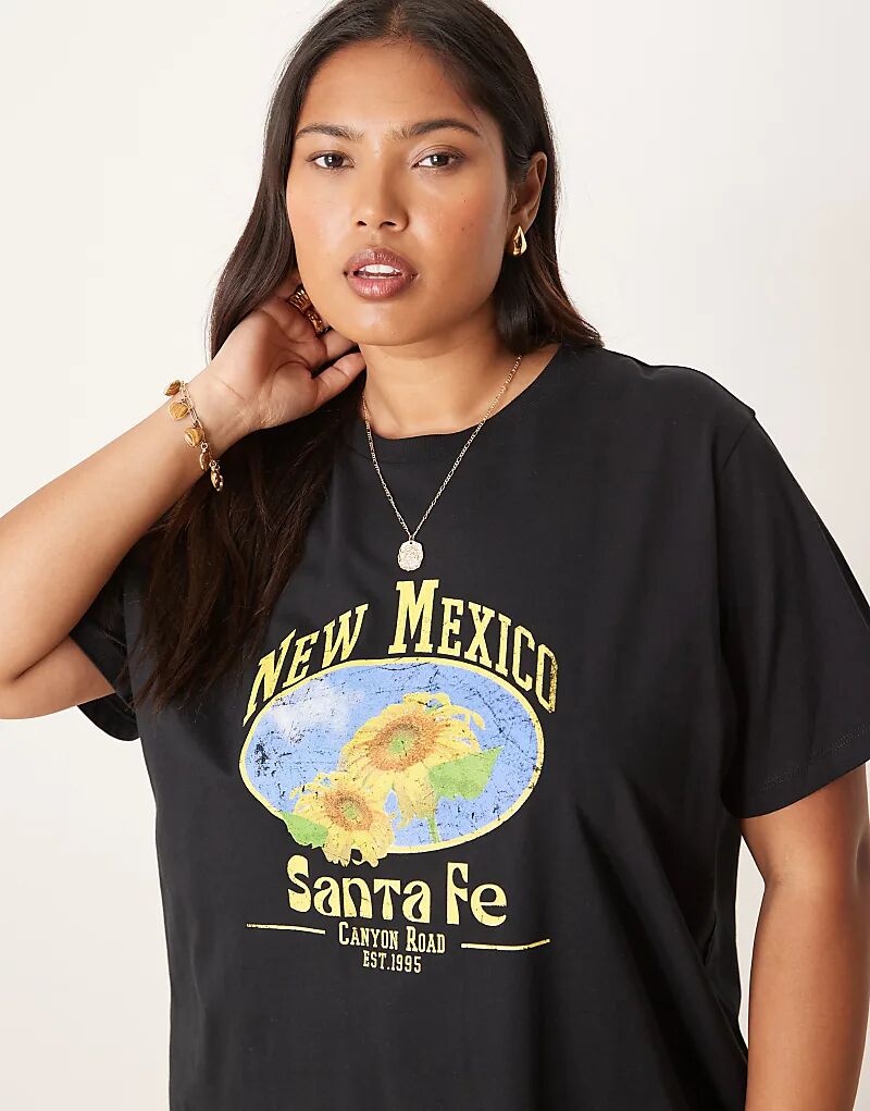 

Футболка ASOS DESIGN Curve классического кроя с принтом подсолнечника из Нью-Мексико, черная Asos Curve