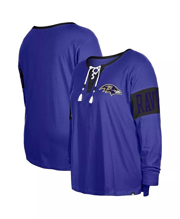 

Женская фиолетовая футболка с длинными рукавами и вырезом на шнуровке Baltimore Ravens размера плюс New Era