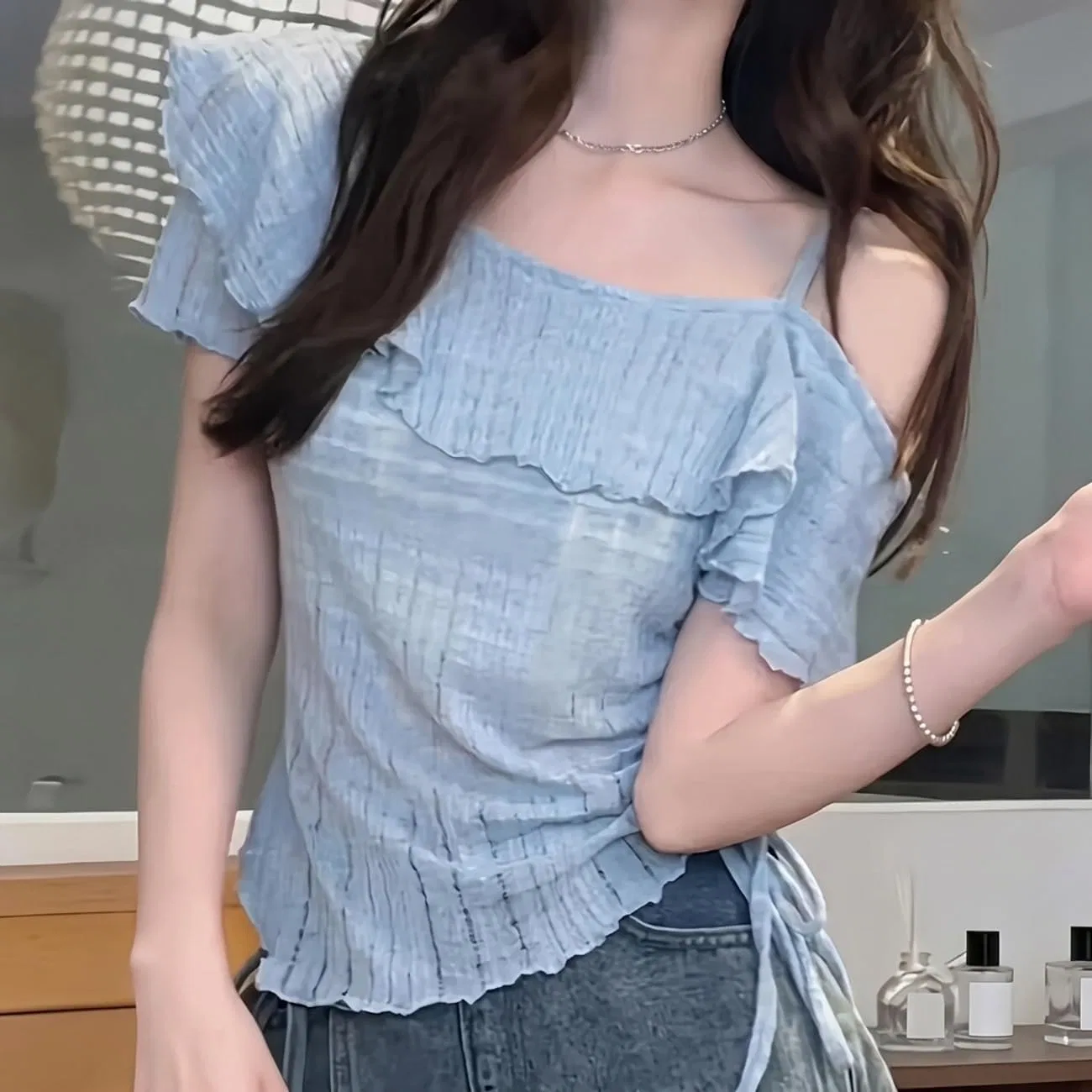 Блуза с рюшами, асимметричная, Off Shoulder, абрикосовый — фото 4